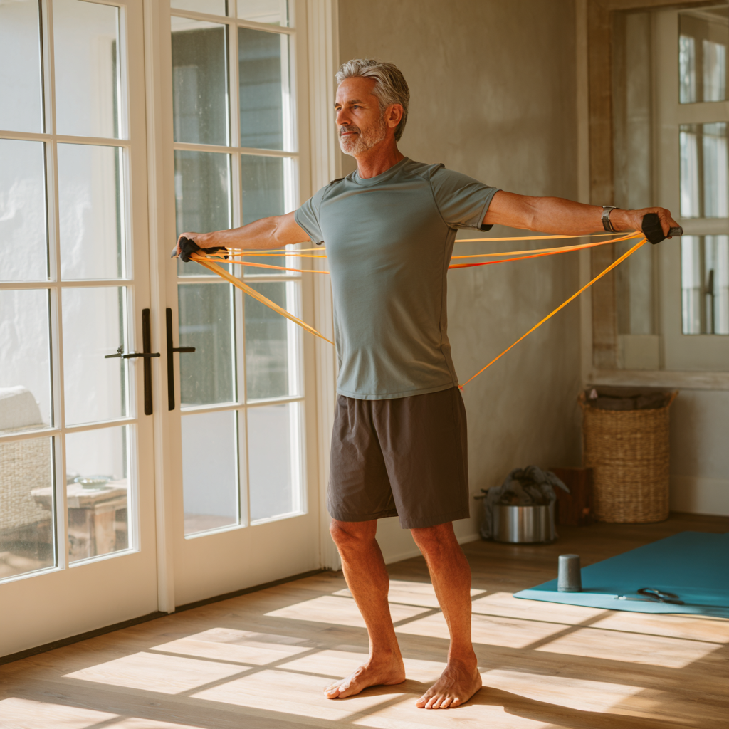 Middle-aged adult practicing functional movement exercises with resistance bands in natural light