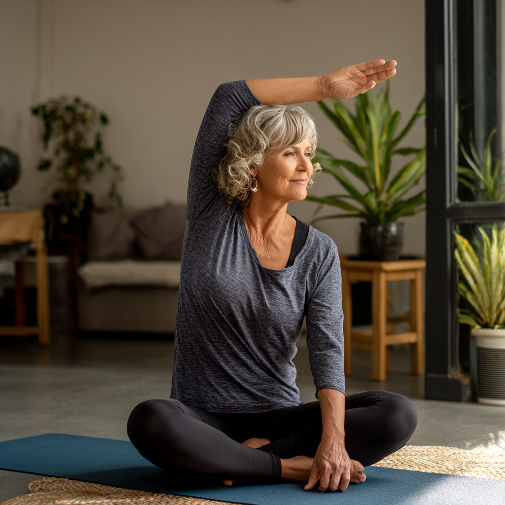 Older adult performing gentle stretching exercises on yoga mat in comfortable home environment